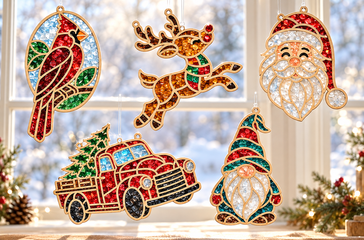Five Christmas crushed-glass suncatcher design choices