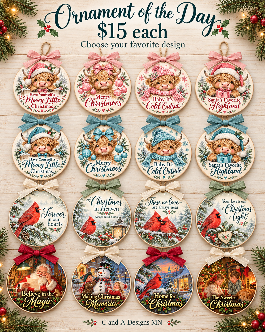 Sixteen 3-inch Christmas ornaments with coordinating bows and hanging strings, $15 each