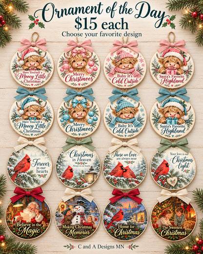 Sixteen 3-inch Christmas ornaments with coordinating bows and hanging strings, $15 each
