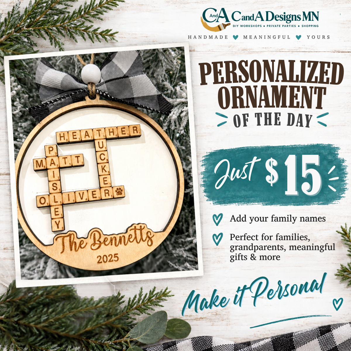 Personalized wooden family crossword ornament