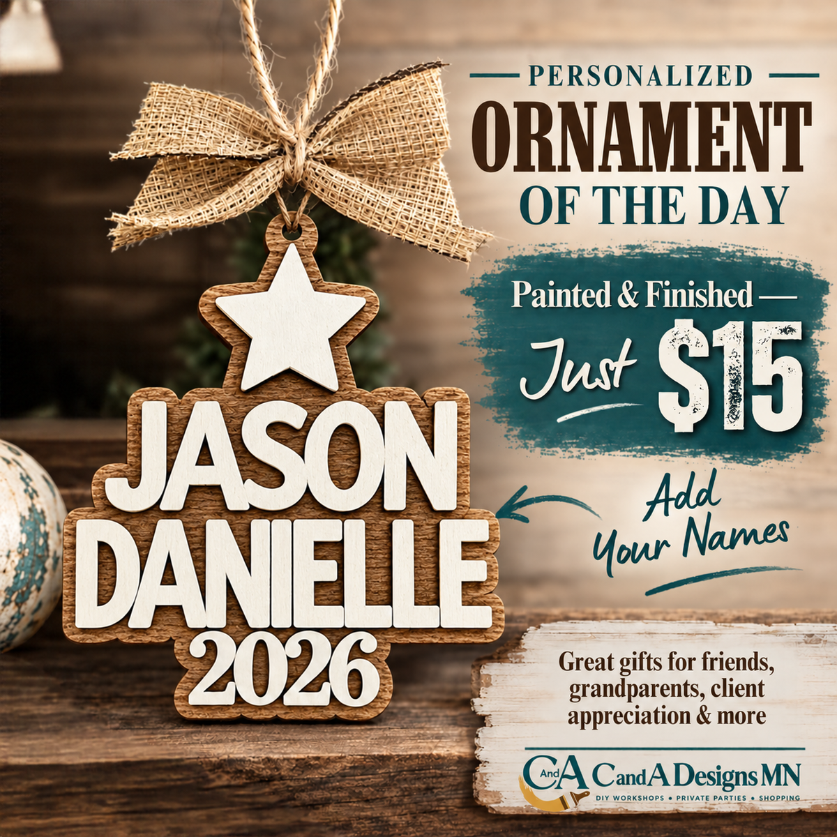 Personalized family name tree ornament, Jason and Danielle, 2026