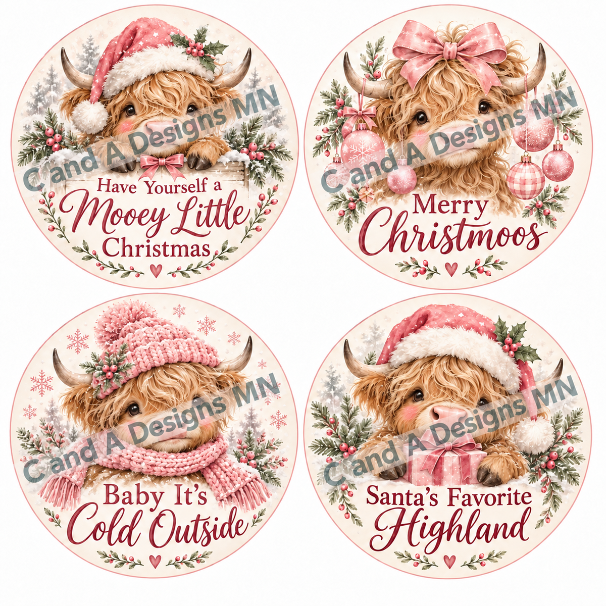 Watermarked preview: pink Highland cow ornament designs