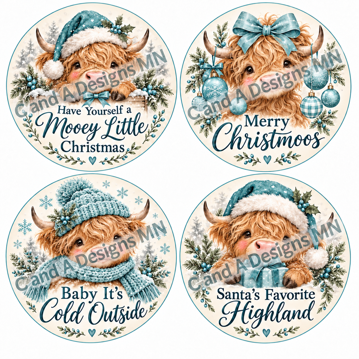 Watermarked preview: teal Highland cow ornament designs