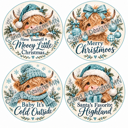 Watermarked preview: teal Highland cow ornament designs